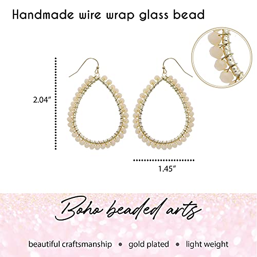 Bohemian Boho Teardrop Dangle Drop Earrings for Women – Delicate - Handcrafted Wire Wrapped Colorful Faceted Glass Beads – Gold Plated – with Gift Box Included - color: Sand Opal Beige