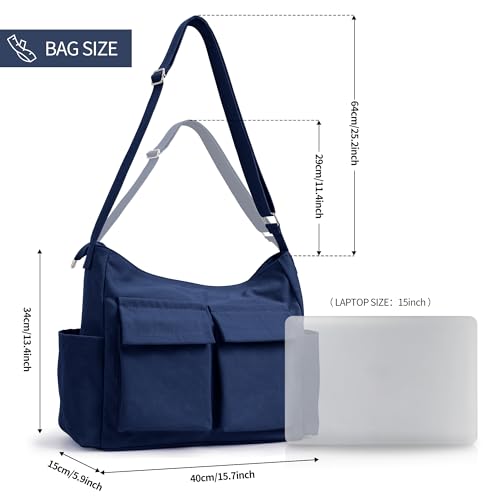 KALIDI Canvas Tote Bag Large Hobo Crossbody Shoulder Handbag Zipper Messenger Bag for Women or Men Casual College Work - color: Upgraded Deep Blue
