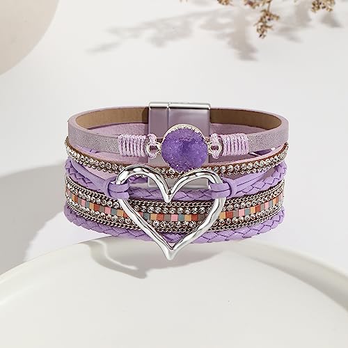 Womens Multi Layer Heart Leather Wrap Bracelet Boho Stackable Cuff Bangle Magnetic Clasp Crystal Birthday Valentine Gift - color: Purple