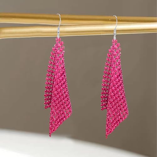 Sequin Earrings for Women Metal Mesh Grid Sequins Tassel Long Drop Dangle Earrings Trendy Charms Bridal Wedding Jewelry - color: Rose Red