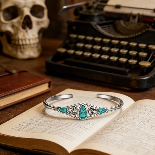 Genuine Turquoise Bracelet Cuff Bracelet for Women Mom 925 Sterling Silver Natural Turquoise Bangles Vintage Bracelet Boho Jewelry for Birthday Christmas Mother's Day Valentine's Day - style: Skull