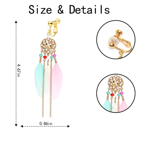 Clip on Tassel Dangle Earrings for Boho Women, Non Pierced, Colorful Feather Handmade Beads Fashion Vintage Fringe Jewelry for Parties Weddings Festivals Trendy Statement Earrings for Bohemian - color: Pink B