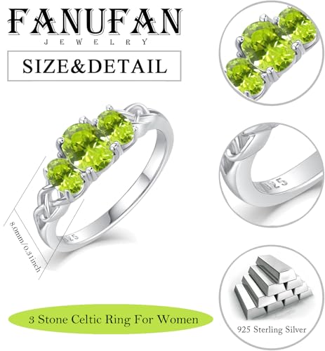 Celtic Birthstone Rings for Women 925 Sterling Silver Celtic Knot Ring 3-Stone Promise Rings for Her Wife Birthday Anniversary Wedding Jewelry - color: 08-Aug-Peridot
