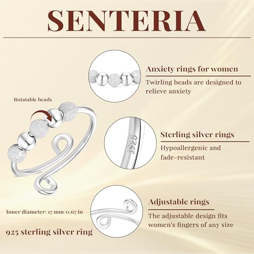 Senteria Anxiety Rings for Women Sterling Silver Rings Adjustable Stress Spinner Rings with Beads Fidget Rings for Anxiety Women - color: S925 ring-Style 2