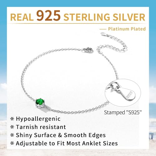 ChicSilver 925 Sterling Silver Anklets for Women, Simple Dainty Round/Heart Birthstone Ankle Bracelet Beach Foot Jewelry, 8.7-10.7 Inch Adjustable - color: 05. Round - May(Emerald)