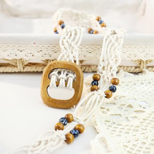 Women Braided Waist Belt Boho Woven Belt with Wooden Beads and Ring Clasp Vintage Long Tassel Rope Tie Belt for Dress - color: Beige 5