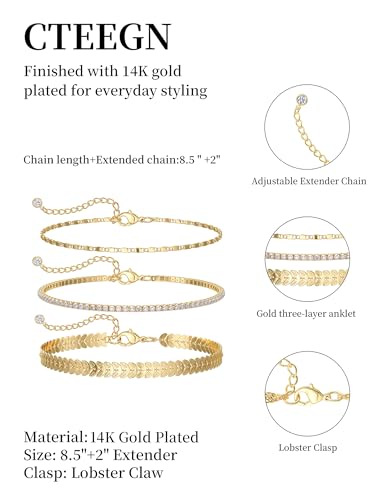 14K Gold/Silver Plated Ankle Bracelets for Women Anklet Set Waterproof Tarnish Resistant Adjustable Dainty Layered Lightweight Hypoallergenic Vacation Beach Pool Party Summer Jewelry Gift - style: Style1