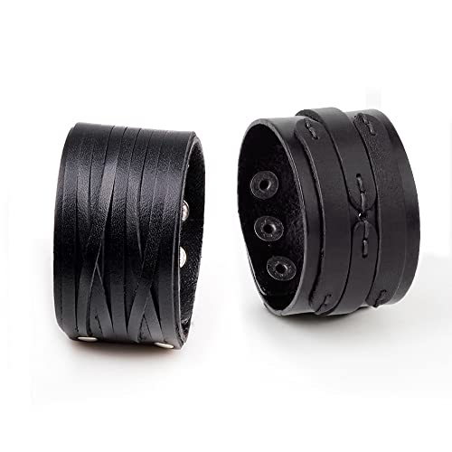 NIGHTCRUZ Punk Leather Cuff Bracelet, 2PCS Vintage Leather Wristband for Men Women - color: Black