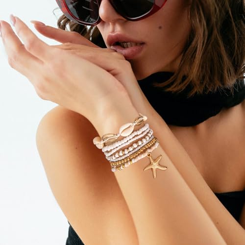 Beach Bracelets for Women Bohemian Stackable Heishi Surfer Bracelet Set Elastic Seashell Starfish Boho Friendship Bracelets for Summer Beach Party Holiday Vacation Jewelry - color: Starfish-7CPS