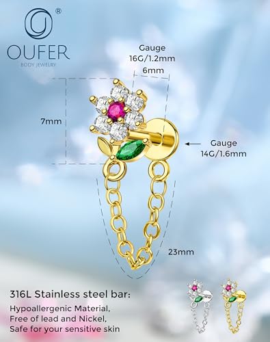 OUFER 16G Threadless Flat Back Cartilage Stud with Chain Dangle, Flower CZ Cluster Labret for Helix/Conch/Tragus/Lobe, 316L Stainless Steel, 6mm Post - color: Gold