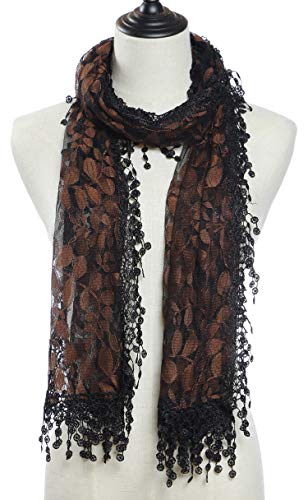 Cindy & Wendy Lightweight Soft Leaf Lace Fringe Scarf Bridal Shawl for Women - color: Gold/Black