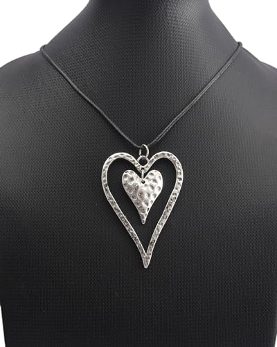 PU Leather Necklace Vintage Boho Style Multilayer Pendant Long Sweater Necklace Jewelry for Women Men with Adjustable Leather Cord - color: Antique Silver Double Heart Necklace