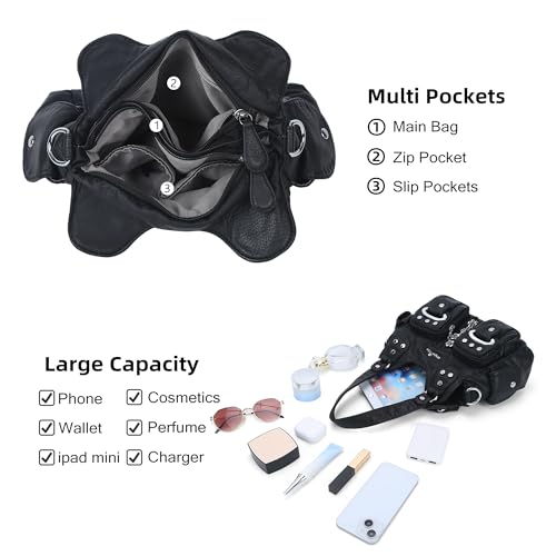 Angel Kiss Small Hobo Purses for Women, Washed Vegan Leather Multi-Pocket Purse, Shoulder Handbag with Adjustable Strap - color: Black