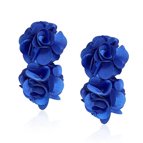 Oversized Fabric Flower Earrings for Women Statement Boho Chic Dangle Drop Earrings for Parties Weddings or Everyday Wear - color: Royal Blue