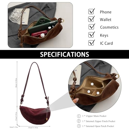 Suede Bags for Women Small Suede Purses Crescent Bag Crossbody Shoulder Bag Trendy Tote Handbags - color: B Suede Wine Red