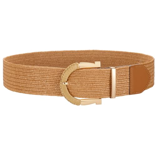 JASGOOD Straw Woven Belt for Women Dresses Boho Elastic Braided Belt Rattan Raffia Belts Ladies Wide Belt,1.97" Width - color: A-brown, size: Fit waist size 40"-45"