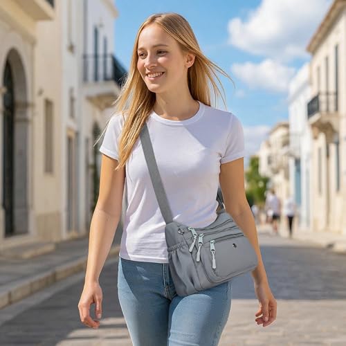 AOCINA Crossbody Bags for Women Multi Pocket Nylon Lightweight Ladies Purses Messenger Shoulder Handbags Satchel Travel Bag - color: Gray, size: Small