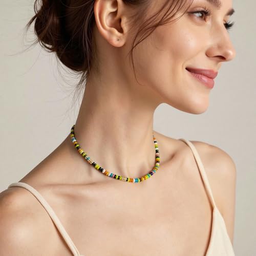 Beaded Gemstone Necklaces for Women Colorful Boho Choker Necklace Beauty And Spirit For Women (blue-silver) - color: mix-green