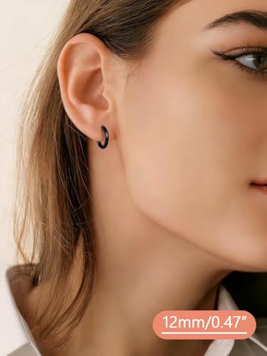 FaithHeart 925 Sterling Silver Post Huggie Hoop Earrings for Women, Silver Small Hoop Earring, Hypoallergenic Cartilage Earrings for Women - color: 01. Blank-Black, size: 12mm