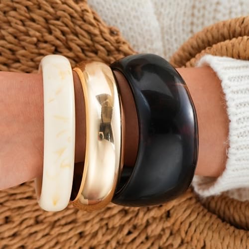 FAXHION Chunky Resin Acrylic Bangle Bracelets for Women, Colorful Wide Geometric Bangles Set, Statement Stackable Bracelet Jewelry Gift - color: Dark Brown