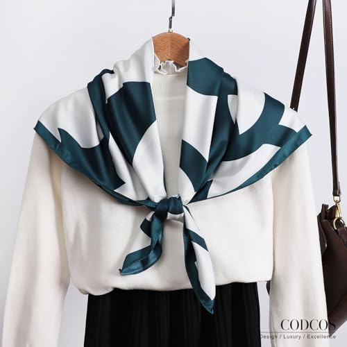 Women's Square Silk Like Head Scarf Large 35 inch Silk Feeling Hair Wrapping Satin Scarves for Sleeping Bandanas - color: A004-2 Twill Flower Green