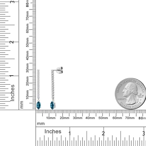 Gem Stone King 14K White Gold Gemstone Birthstone and White Lab Grown Diamond Long Liner Dangle Earrings for Women | Marquise 6X3MM | White Gold Chain Drop Earrings - style: London Blue Topaz, November