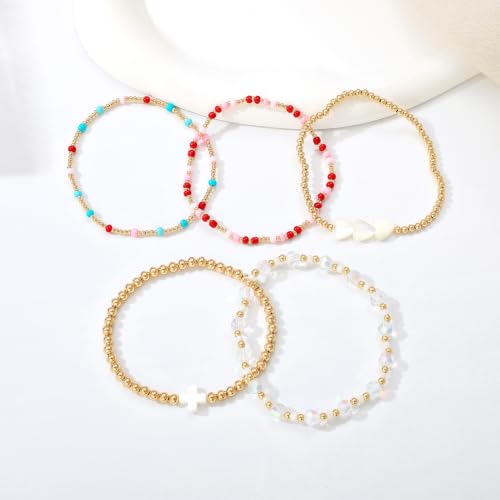 Dainty Gold Plated Pearl Crystal Beaded Bracelets Set for Women 14K Gold Plated Bead Pearl Beads Bracelet Stackable Paperclip Link Chain Bracelets Gold Plated Bracelets for Women Trendy Jewelry - color: Style4-gold bracelets set4
