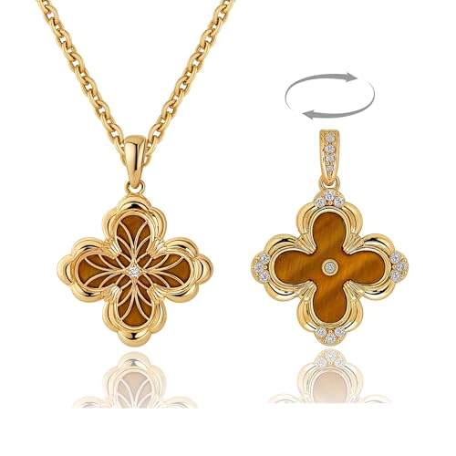 Fettero Dainty Gold Necklace for Women - Double Sided Pendant Necklace 14K Gold Plated Charm Clover Necklace Jewelry for Valentine's Day - color: Brownish yellow