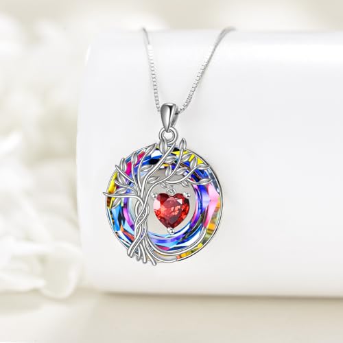 POPLYKE Mothers Day Gifts for Mom Her Wife Tree of Life Necklace 925 Sterling Silver Birthstone Pendant with Crystal Anniversary Birthday Wedding Jewelry for Women - color: 01-Jan-Garnet, style: White Gold Plated-Volcano Crystal