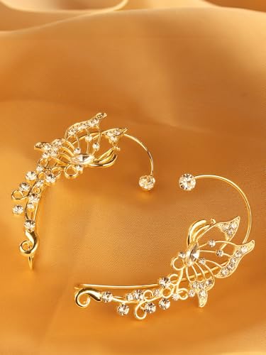 2Pcs Rhinestone Butterfly Earrings Ear Cuffs Non-Pierced Fake Earrings Butterfly Climber Wrap Around Earring Dainty Adjustable Ear Clip Jewelry for Women - color: Style4-gold