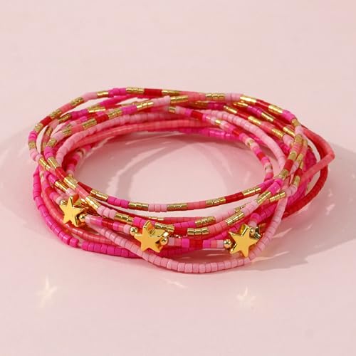Dainty Gold Beaded Star Bracelets Stack for Women,Handmade Boho Colorful Beads Bracelet Fashion Prom Holiday Jewelry Gift Friendship Family - color: Pink