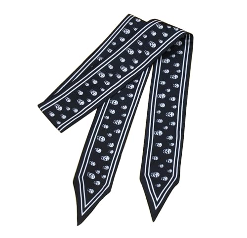 JERLA 100% Mulberry silk Scarf bag scarf Head Hair Ribbon Handbag Handle wrap Tie Bundle Neckerchief Scarf for women - color: Black Skull