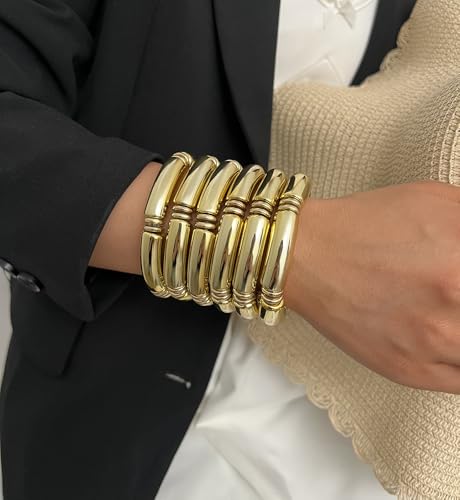 iF YOU 6pcs Chunky Acrylic Bangle Bracelets for Women, Resin Bamboo Brown Stretchy Bracelet Stack, Fashion Jewelry for Women - color: 6 Gold chunky acrylic bracelets