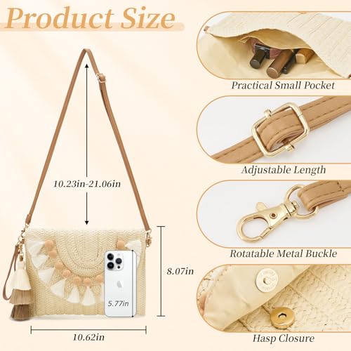 Small Straw Purse for Women Summer Clutch Purses Beach Woven Envelope Bag Raffia Shoulder,Straw Crossbody Bag boho - color: Bobbles Beige