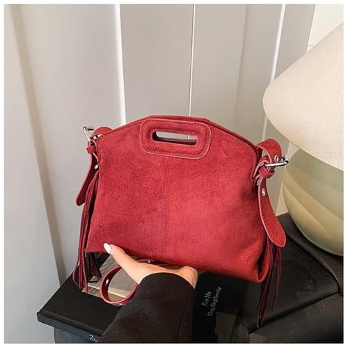 Women's Suede Fringe Crossbody Bag, Retro Hollow Handle Shoulder Purse, Novelty Fashion Tassels Bucket Bag Handbag - color: Red