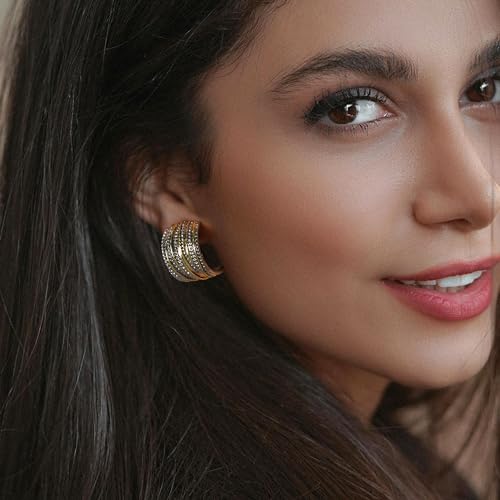 Mytys Two Tone Earrings for Women Gold and Silver Crossover Half Hoop Statement Earring Designer Stud Earrings - color: Gold & Silver