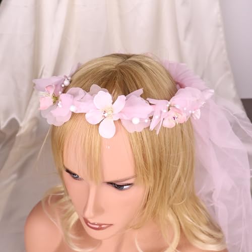 Artificial Flower Crown Headband for Women Girls – Boho Floral Wreath Halo for Weddings, Photoshoots, Festivals, Birthdays, and Costume Parties (Pink Peach Blossom, Adjustable) - color: Pink Peach Blossom