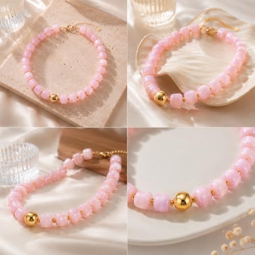 Chunky Beaded Necklace for Women Boho Colorful Statement Choker Necklaces Summer Beach Resin Jewelry Accessories - color: pink