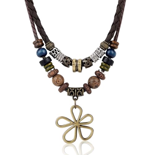Mikovivi Multi-Layer Wood Bead Necklace with Hollow Flower Earrings, Boho Hippie Necklaces Unisex Bohemian Jewelry for Men Women - style: style 1