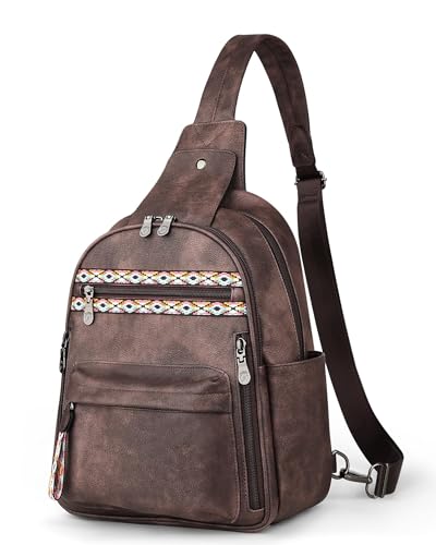 FADEON Large Sling Bag for Women, Leather Crossbody Purse Designer Anti Theft Sling Backpack, RFID Fanny Packs for Travel - color: Coffee Brown Retro Style