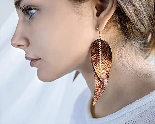 Black shiny Leather Feather Earrings for Women, Lightweight Minimal Boho Dangle Earrings, Small Simple Everyday Jewelry - color: Brown metallic