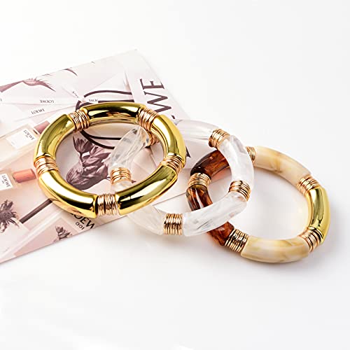 GOOJIDS Simple Beaded Gold Plated Bangles Bracelet Chunky Bamboo Tube Curved Stacking Clear Acrylic Colorful Beads Stretchable Gold Plated Bracelets Set For Women - color: S-Small size Gold 3PCS Set