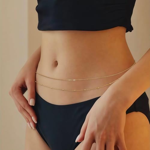 14K Gold Plated Waist Chain for Women, 2Pcs Adjustable Pearl Beads Body Chain, Sexy Layered Summer Beach Bikini Belly Jewelry Accessories - style: Chain&Bead