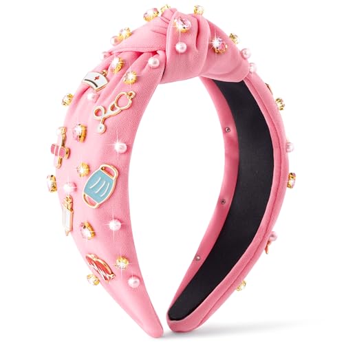 PANTIDE Nurse Jeweled Knotted Headband - Christmas Nurse Day Gift Medical Mask Rhinestone Crystal Pearl Embellished Headband Wide Top Knot Hair Accessories for Doctor Nursing Student Women Girl (Pink) - color: Pink Nurse
