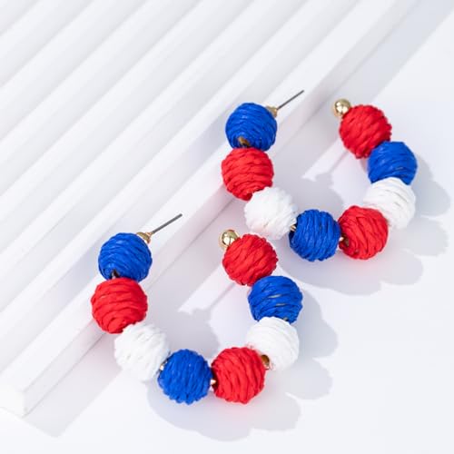 Raffia Hoop Earrings Statement Boho Beaded Earrings Cute Rattan Handmade Colorful Jewelry for Women Unique Summer Outfits - color: 4th of July