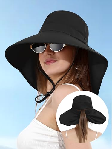 LA CARRIE Women Sun Hats Breathable Wide Brim UV Protection UPF 50+ with Neck Flap Hat for Summer Beach - color: Black