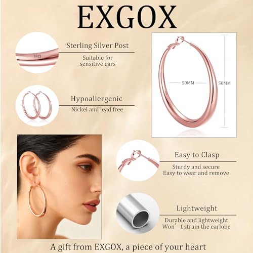 EXGOX Sterling Silver Hoop Earrings - Hypoallergenic, Lightweight, Chunky, 14K Real Gold Plated, Big Large Hoops for Women - color: Chunky&Rose Gold hoop 50mm