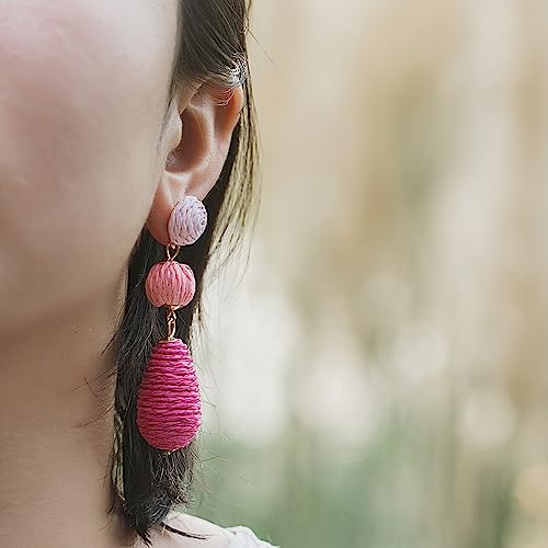 Boho Raffia Earrings Statement Dangle Earrings Cute Teardrop Ball Earrings Colorful Summer Jewelry Handmade Rattan Earrings for Women - color: 3Pink