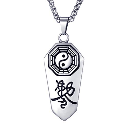 Men's Stainless Steel Necklace Taoist Yin Yang Taichi Symbol Amulet Pendant with 24 Inches Link Chain