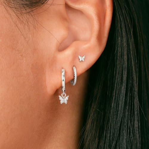 3 Pairs Small Earring Stacks, 14K Gold/Silver/Black/Rose Gold Plated Pearl Heart Butterfly Star Diamond Charm Drop Huggie Earrings Trendy Jewelry Gift for Women - color: Silver-Butterfly